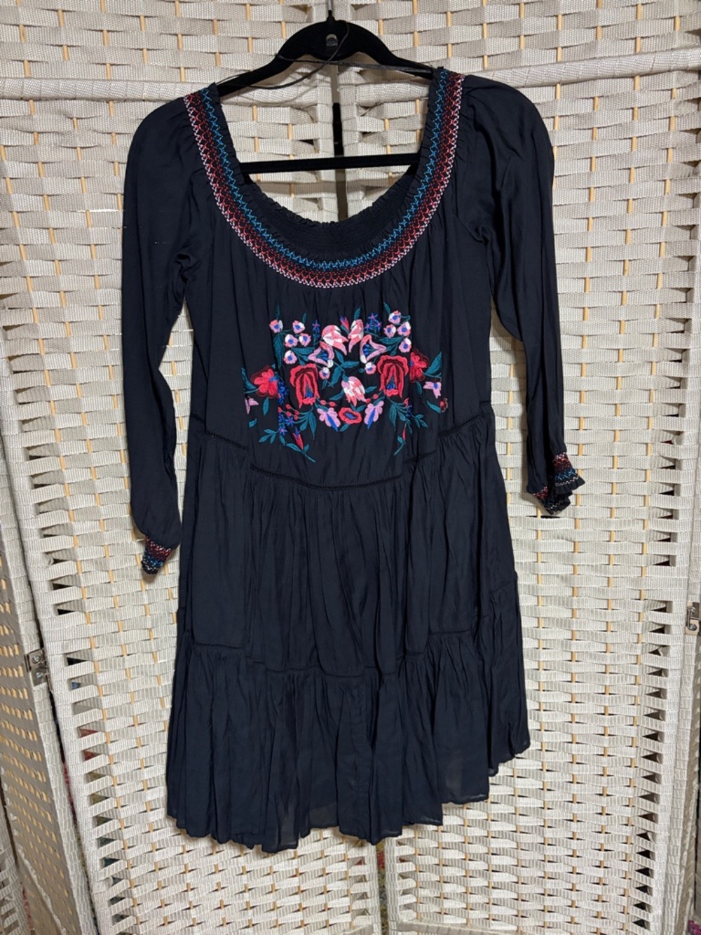 Free People Black Boho Embroidered Floral Smocked Dress